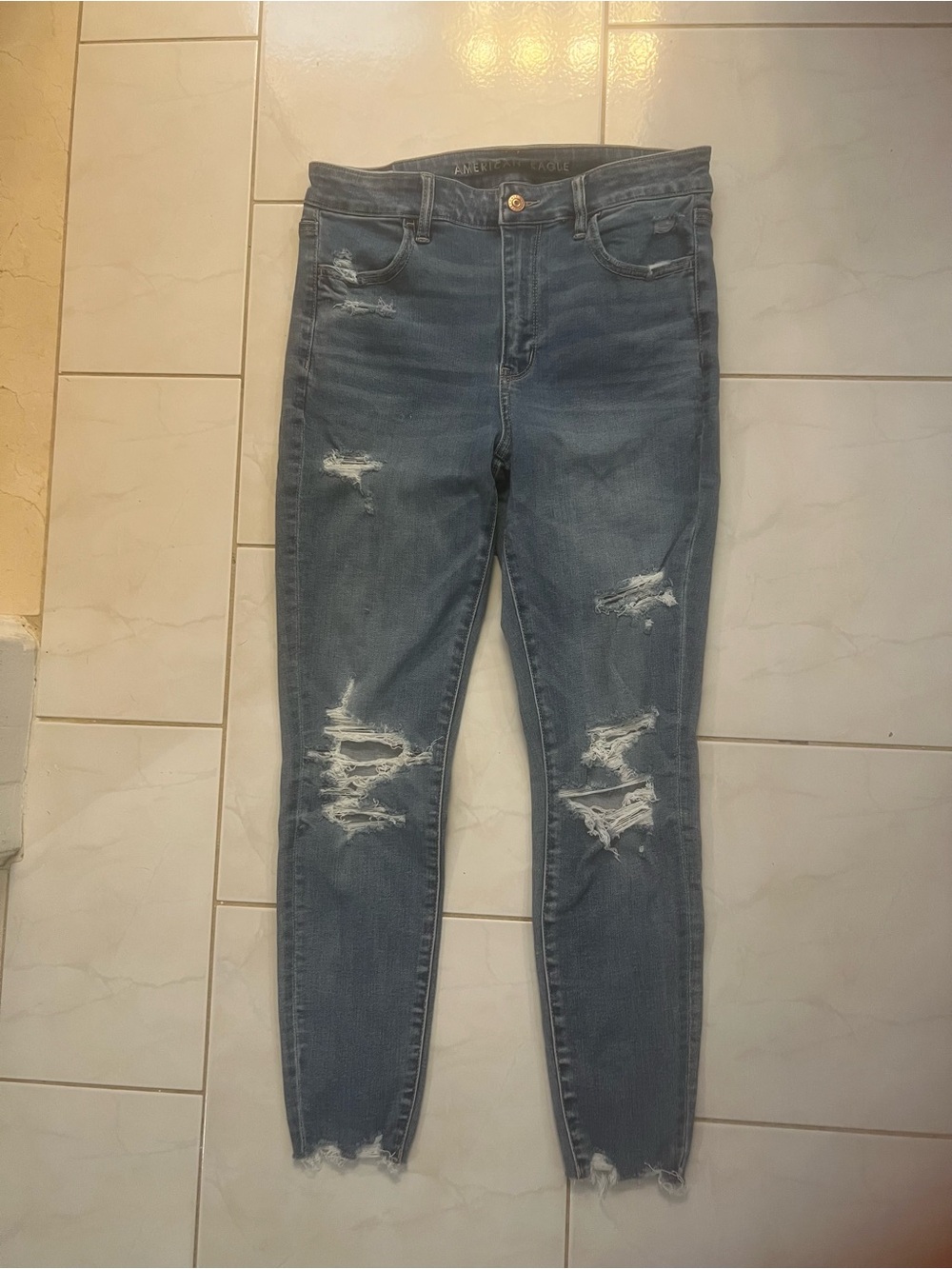 American Eagle Outfitters Women’s Blue Ripped/Distressed High-Rise Jegging Jeans